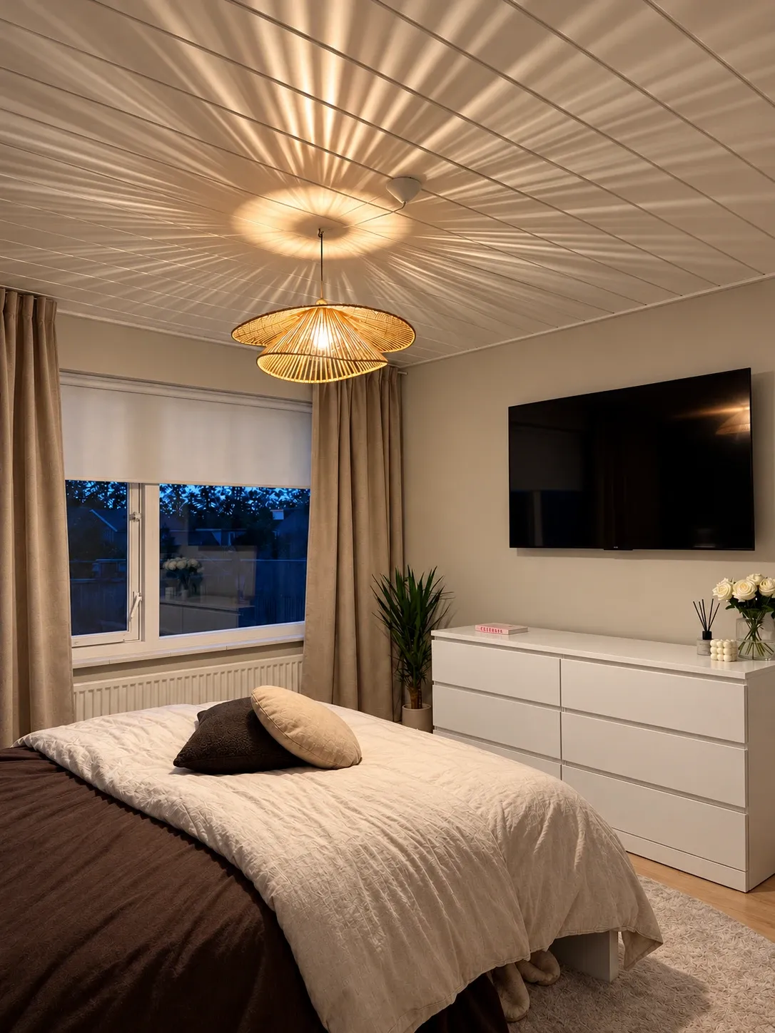 Rotan hanglamp met lichtspel op het plafond, bed en ladekast