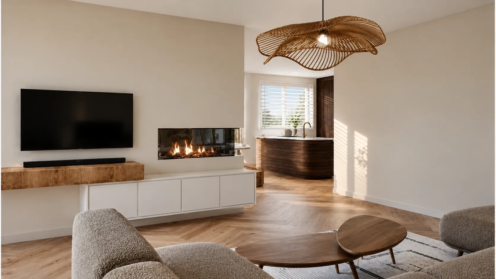 Woonkamer met haard, zwevend meubel en een rotan hanglamp